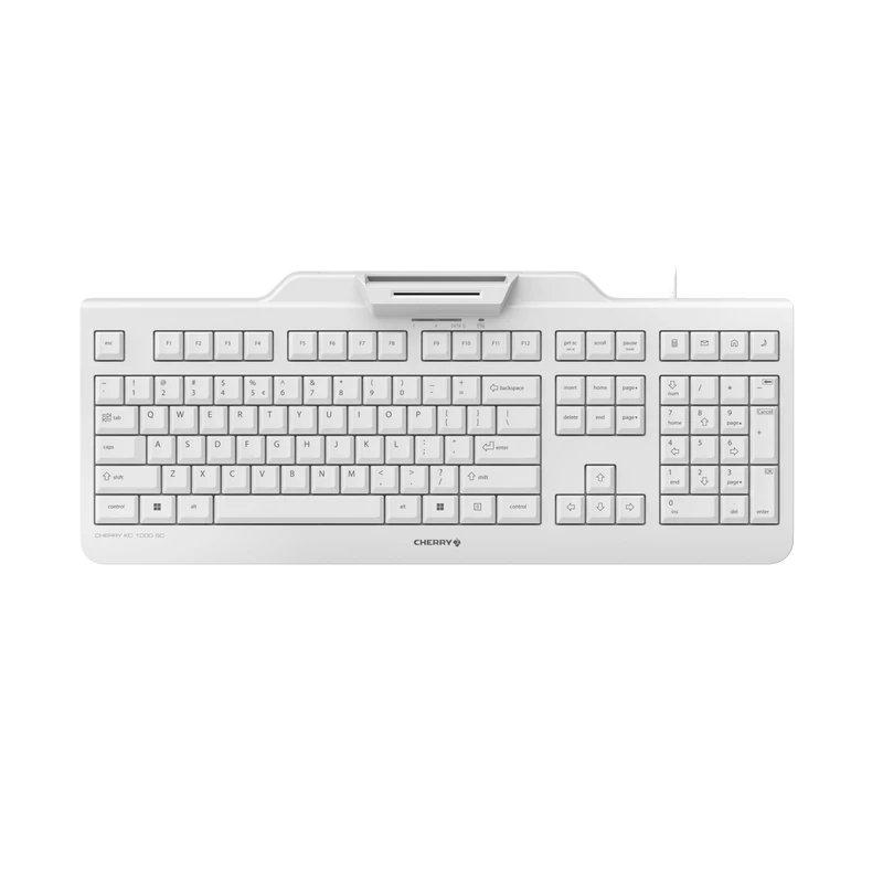 CHERRY KC 1000 SC, Wired Security Keyboard with Integrated Card Reader, EU Layout (QWERTY), Plug & Play (USB-A), Flat Design, White-Grey