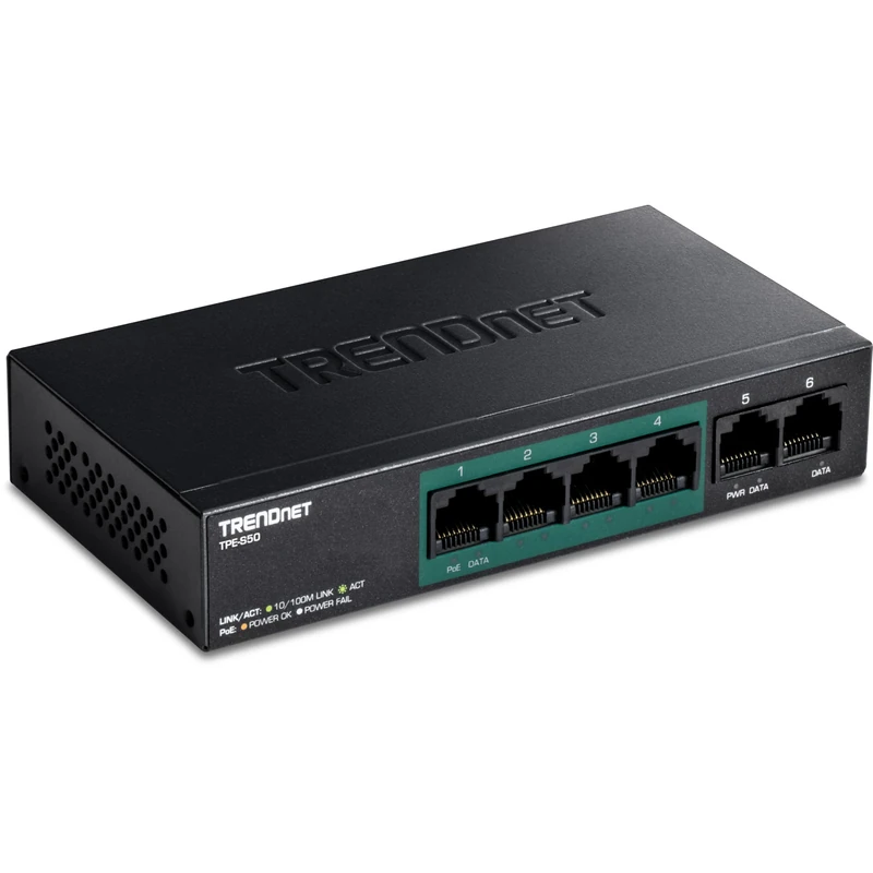 TRENDnet 6-Port Fast Ethernet PoE+ Switch, TPE-S50, 4 x Fast Ethernet PoE+ Ports, 2 x Fast Ethernet Ports, 60 W PoE Budget, 1.2 Gbps Switch Capacity, Ethernet Network Switch, Metal