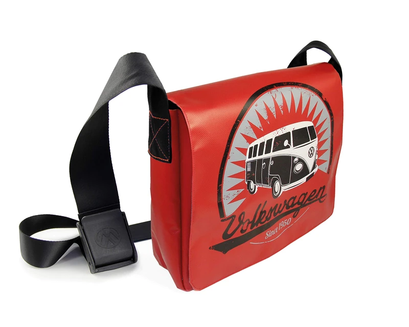 BRISA VW Collection - Volkswagen Vintage Outdoor Shoulder Messenger Bag made of Tarpaulin in T1 Bus Design (Large/Vintage/Red)