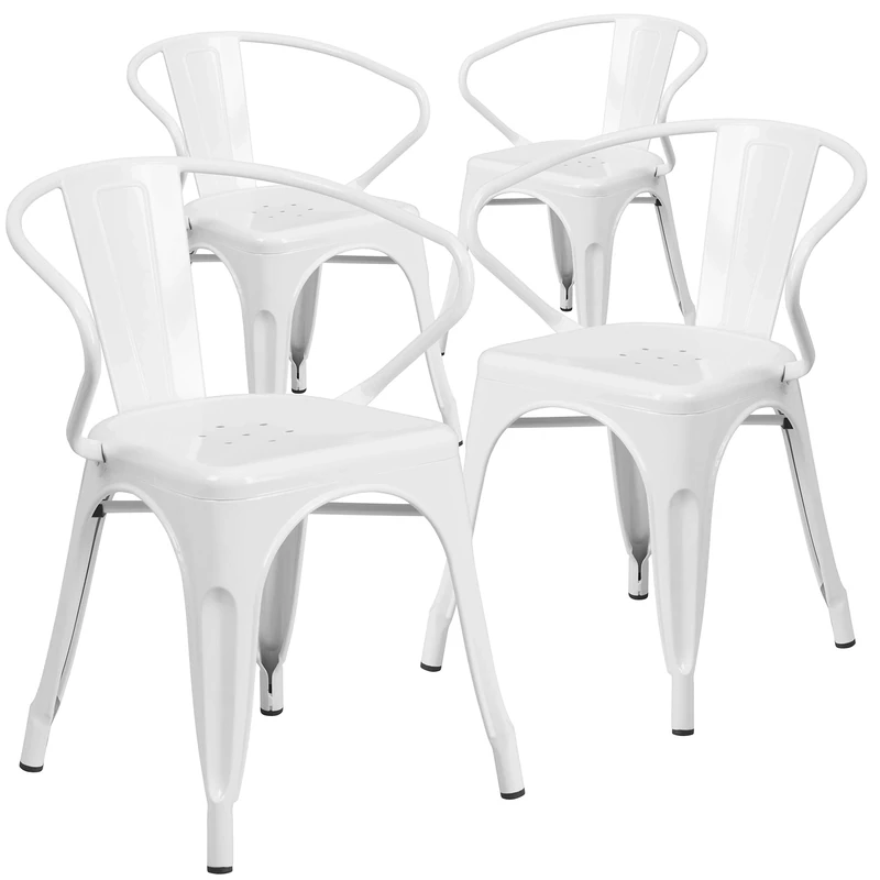 Flash Furniture Roy Commercial Grade 4 Pack White Metal Indoor-Outdoor Chair with Arms