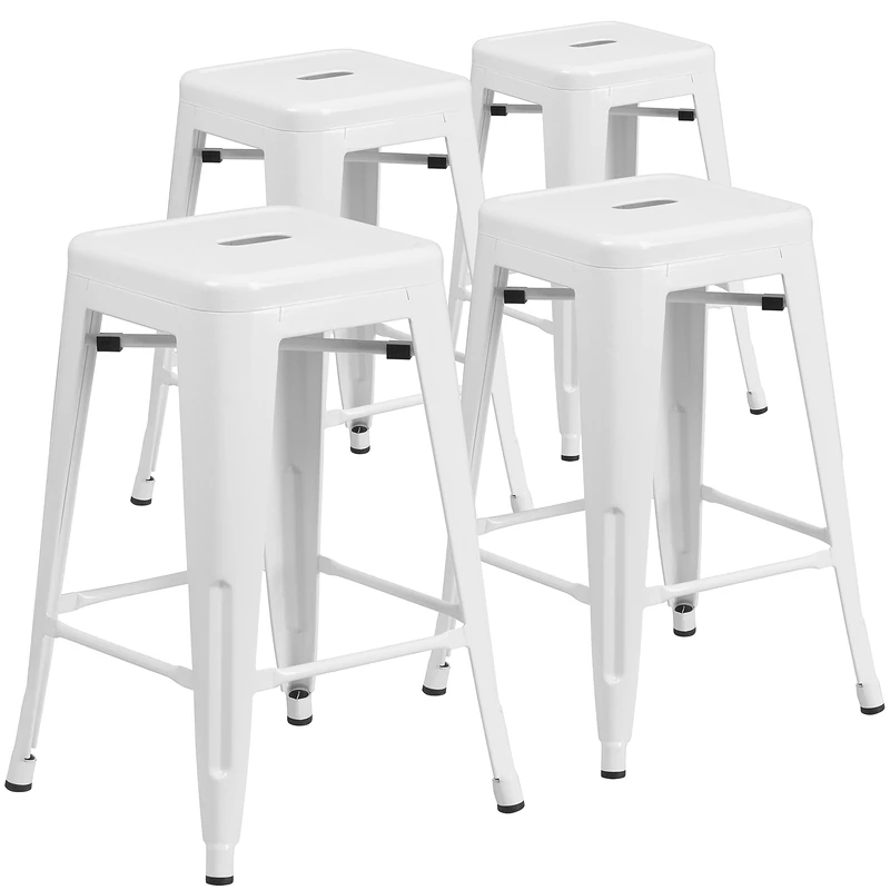 Flash Furniture Lily 4 Pack Commercial Grade 24" High Backless White Metal Indoor-Outdoor Counter Height Stool with Square Seat