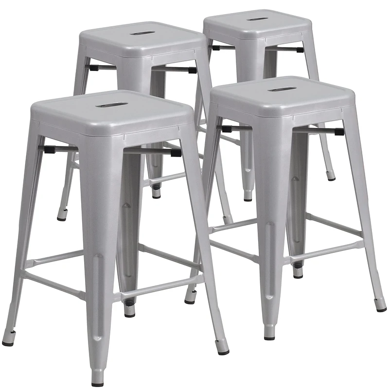Flash Furniture Lily 4 Pack Commercial Grade 24" High Backless Silver Metal Indoor-Outdoor Counter Height Stool with Square Seat