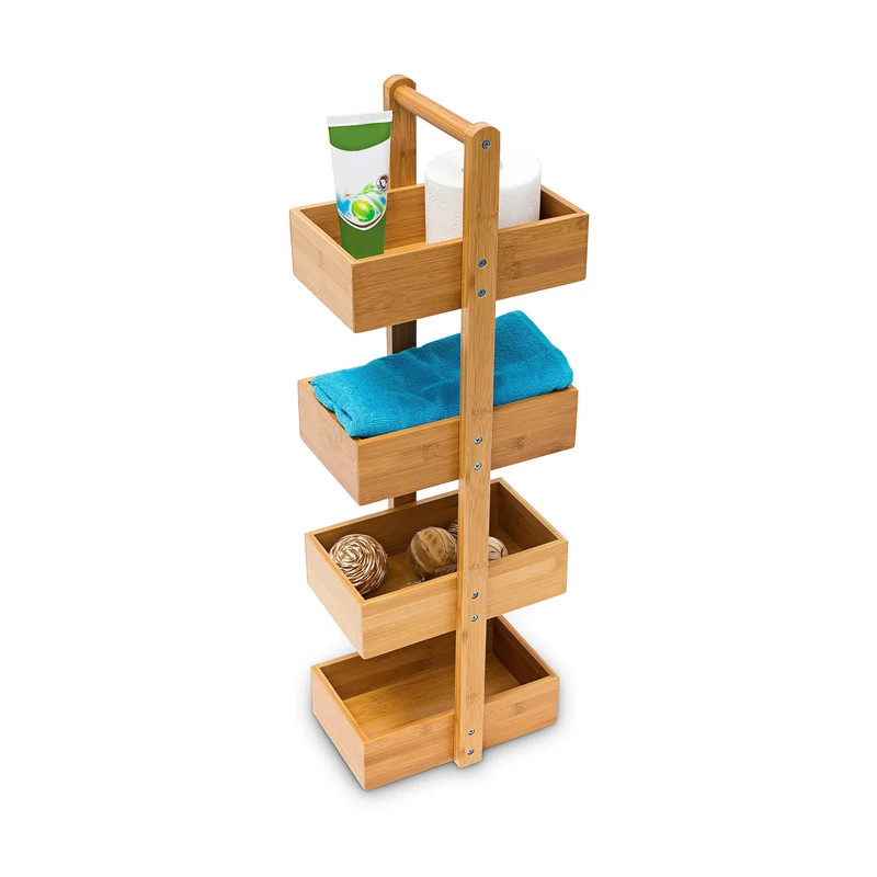 Relaxdays Bamboo Standing Shelf (75 x 25 x 18 cm) 4 Shelves, Bathroom Shelf Unit with 4 Basket Shelves Shower Caddy
