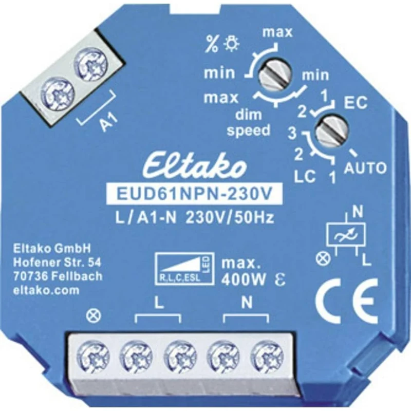Eltako Universal Dimmer Switch 230 V, Power MOSFET, ESL LED up to 400 W, 1 Piece, EUD61NPN-230V, 400 W, Blue
