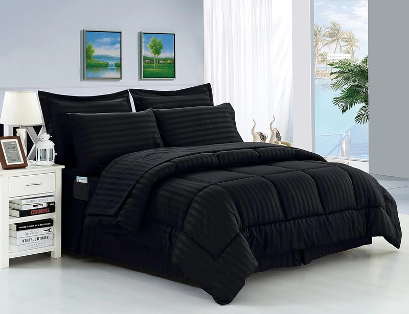 Elegant Comfort Stripe Bed-in-a-Bag 8-Piece Comforter Set, Cotton, Black, King