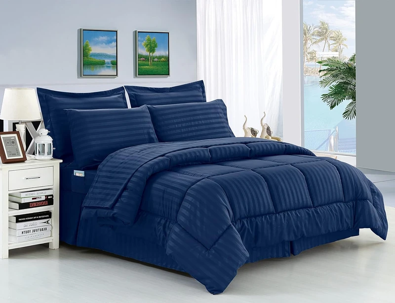 Elegant Comfort Bed-in-a-Bag 8-Piece Comforter Set, Silk, Navy Blue, Queen