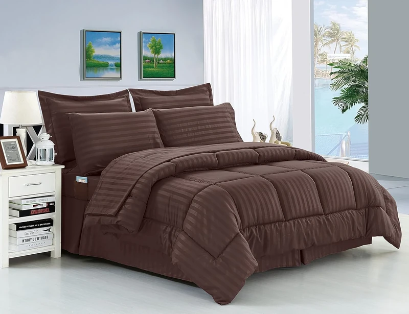 Elegant Comfort® Wrinkle Resistant - Silky Soft Dobby Stripe Bed-in-a-Bag 8-Piece Comforter Set -HypoAllergenic - Full/Queen, Chocolate