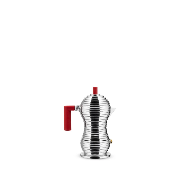 Alessi MDL02/1 R Cast Aluminium Espresso Coffee Maker with a Polyamide Handle & Knob, Aluminium, red, 1 Cup