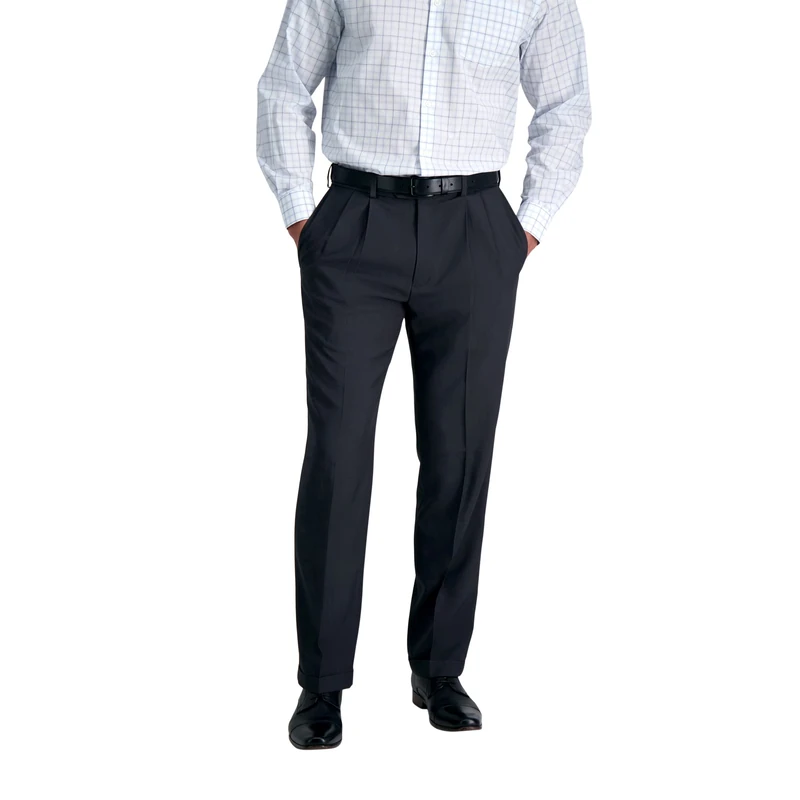 Haggar Men's Repreve Stria Gab Expandable Waist Pleat Front Dress Pant, Charcoal, 42W x 29L