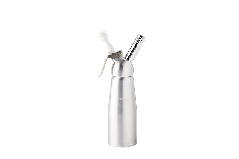 Mastrad Mousse and Cream Siphon for Hot and Cold Sauces, Whipped Cream Dispenser with Cleaning Brush and Three Decorating Nozzle, Aluminum, Silver, 0.5 Litre/500ml, F49314