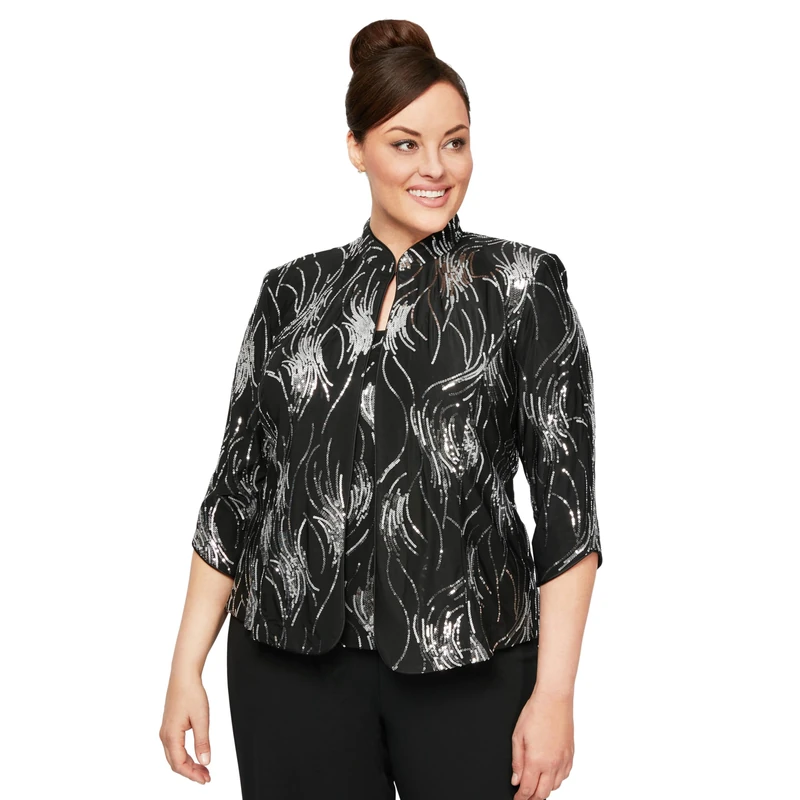 Alex Evenings Women's Plus Size Jacket and Scoop Tank Top Twinset Dress Shirt, Black/Silver, 6X