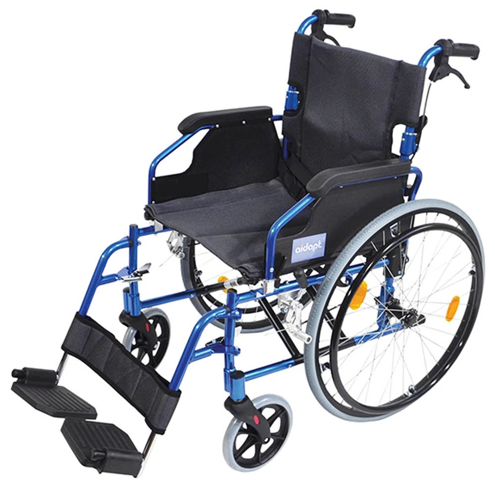 Aidapt Folding Lightweight Self Propelled Aluminium Wheelchair with Brakes, Extra Wide Seat (18") Lap Strap, Removable Foot Rests and Side Panels for Privacy. Indoor and Outside Use