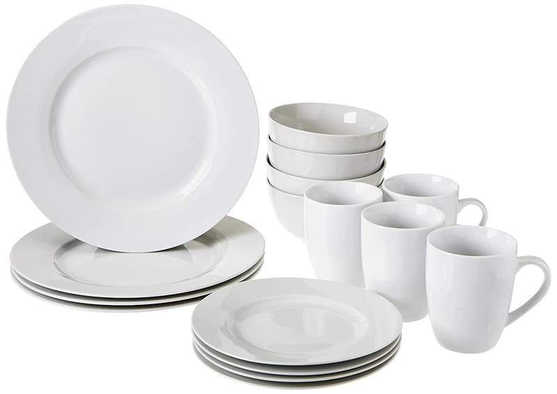 Amazon Basics Dinnerware Set for 4, 16-Piece AB-Grade Porcelain Plates Bowls, Microwave Dishwasher Safe, White