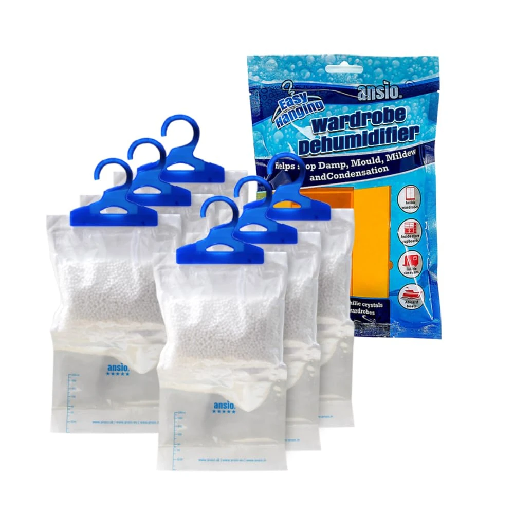 ANSIO® Wardrobe Dehumidifier Disposable Hanging Bags Pack of 6 Room Moisture Absorber Condensation Remover for Damp, Mould in Home, Bathroom, Window, House, Kitchen, Bedroom Interior Traps