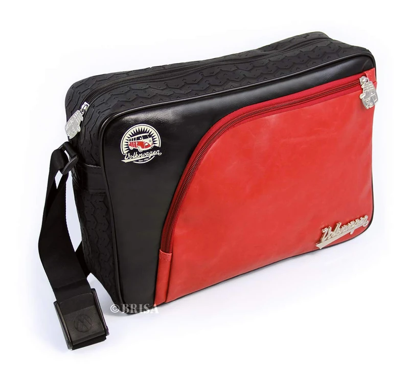 BRISA VW Collection - Shoulder Bag Messenger Bag with Tire Tread Design in T1 Bus Campervan Design (Vintage/Red & Black)