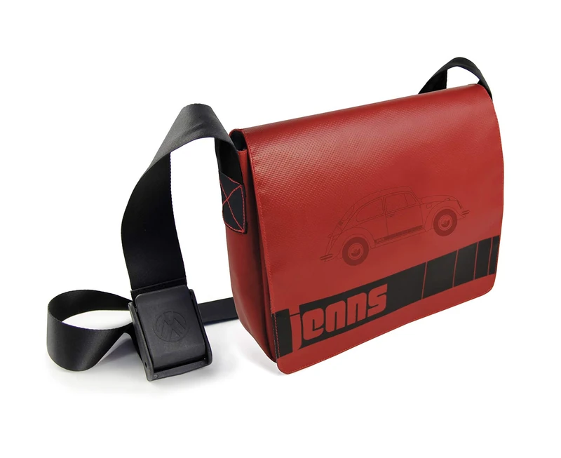 BRISA VW Collection - Volkswagen Large Denim Shoulder Messenger Cross-body Bag with Beetle Bug Design made of Truck Tarpaulin (Denim Beetle/Red) - Image 1