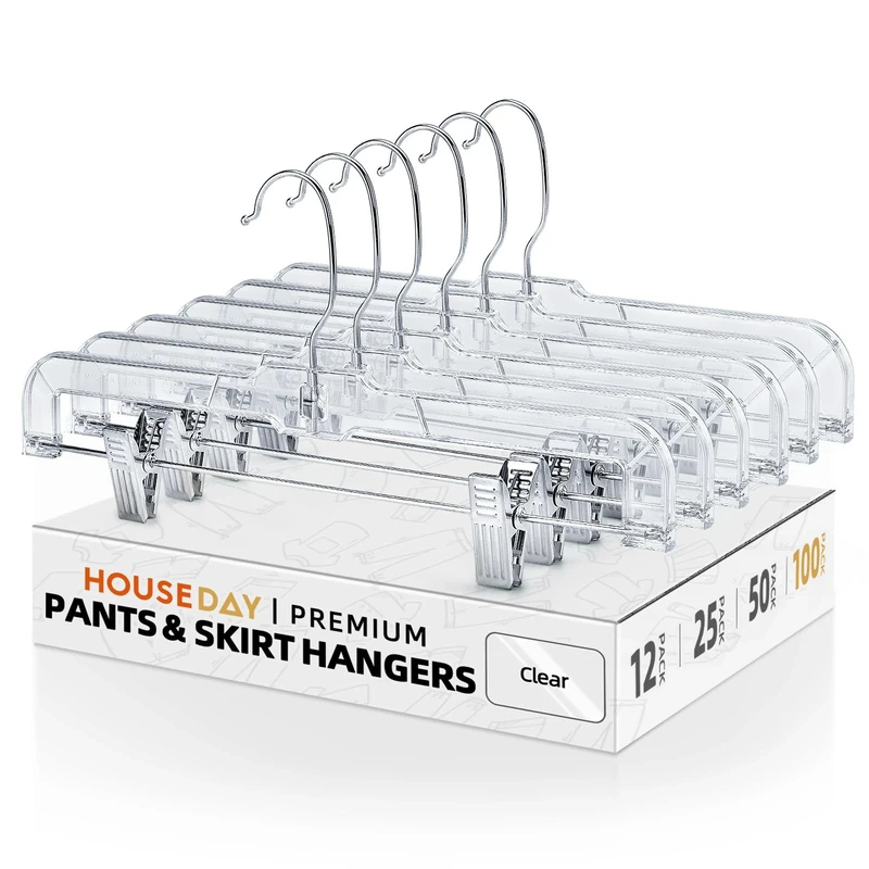 HOUSE DAY Crystal Pants Hangers with Double Clips 100 Pack, Heavy Duty Slim Clear Skirt Hangers, Ridged Non-Slip with Adjustable Metal Clips, 360-Rotating Chrome Swivel Hook, 14 Inch