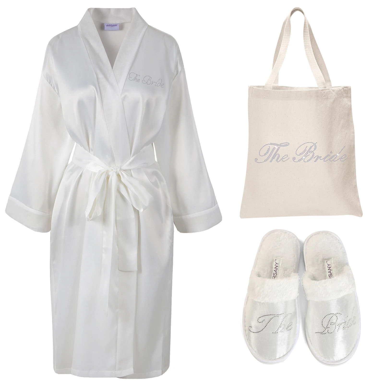Varsany Ivory Rhinestone The Bride Satin Bathrobe + Spa Slipper + Tote Bag wedding Personalised day hen party gift set (3)