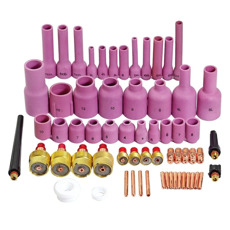 RIVERWELD TIG Gas Lens Collet Bodies Jumbo Large Diameter Alumina Nozzle Ceramic Cups 45V 13N 796F 53N TIG Back Cap 41V Series Assorted Size kit for DB SR WP 9 20 25 TIG Welding Torch 63pcs