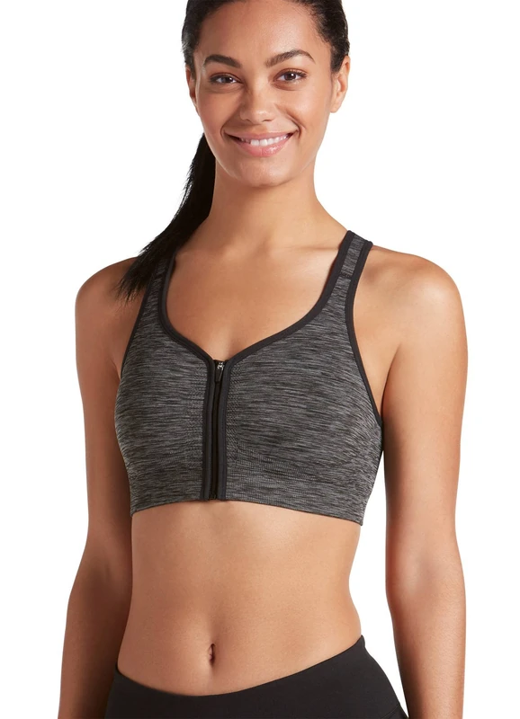 Jockey Women's Mid Impact Zip Front Sports Bra, Opaque, Black Spacy Dye, M - Image 1
