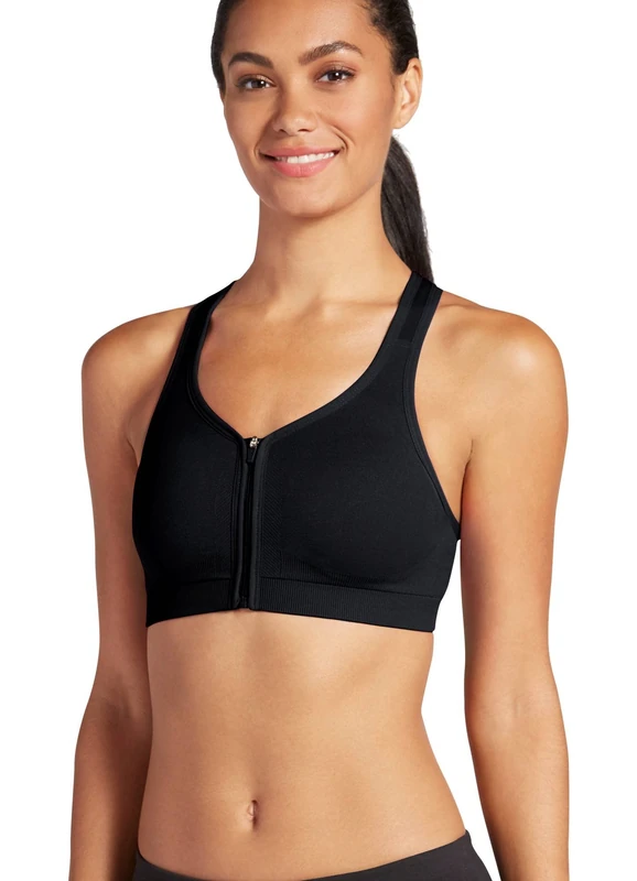 Jockey Women's Mid Impact Zip Front Sports Bra, Black, L