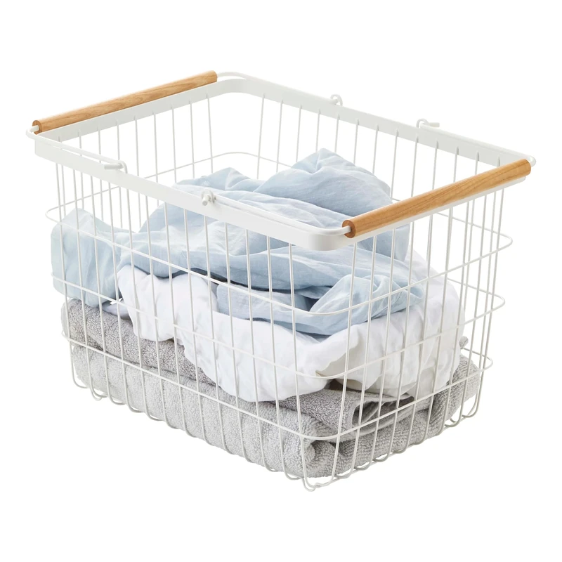 Yamazaki 2809 TOSCA Laundry Basket Medium, white, Steel/Wood, Minimalist, 41.5 x 31 x 27 cm