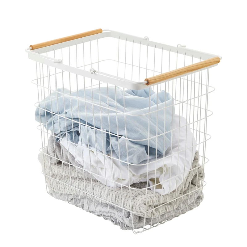 Yamazaki 2810 TOSCA Laundry Basket Large, white, Steel/Wood, Minimalist, 41.5 x 31 x 38.5 cm