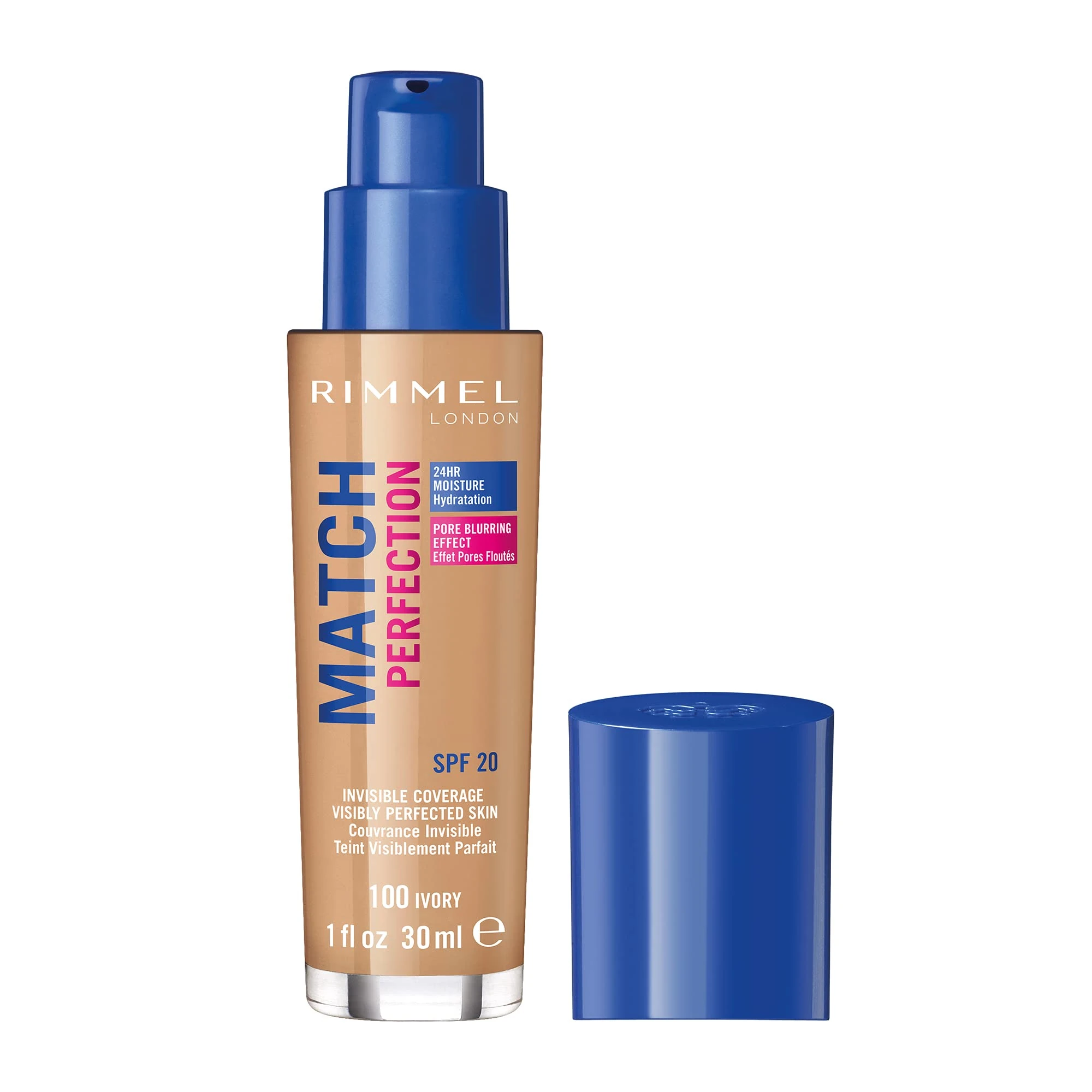 Rimmel Match Perfection Foundation 100 Ivory, Medium Coverage, 24hr Hydration, No Caking or Creasing, Lightweight, Reduces Imperfections, Invisible Coverage, SPF20, Cruelty Free