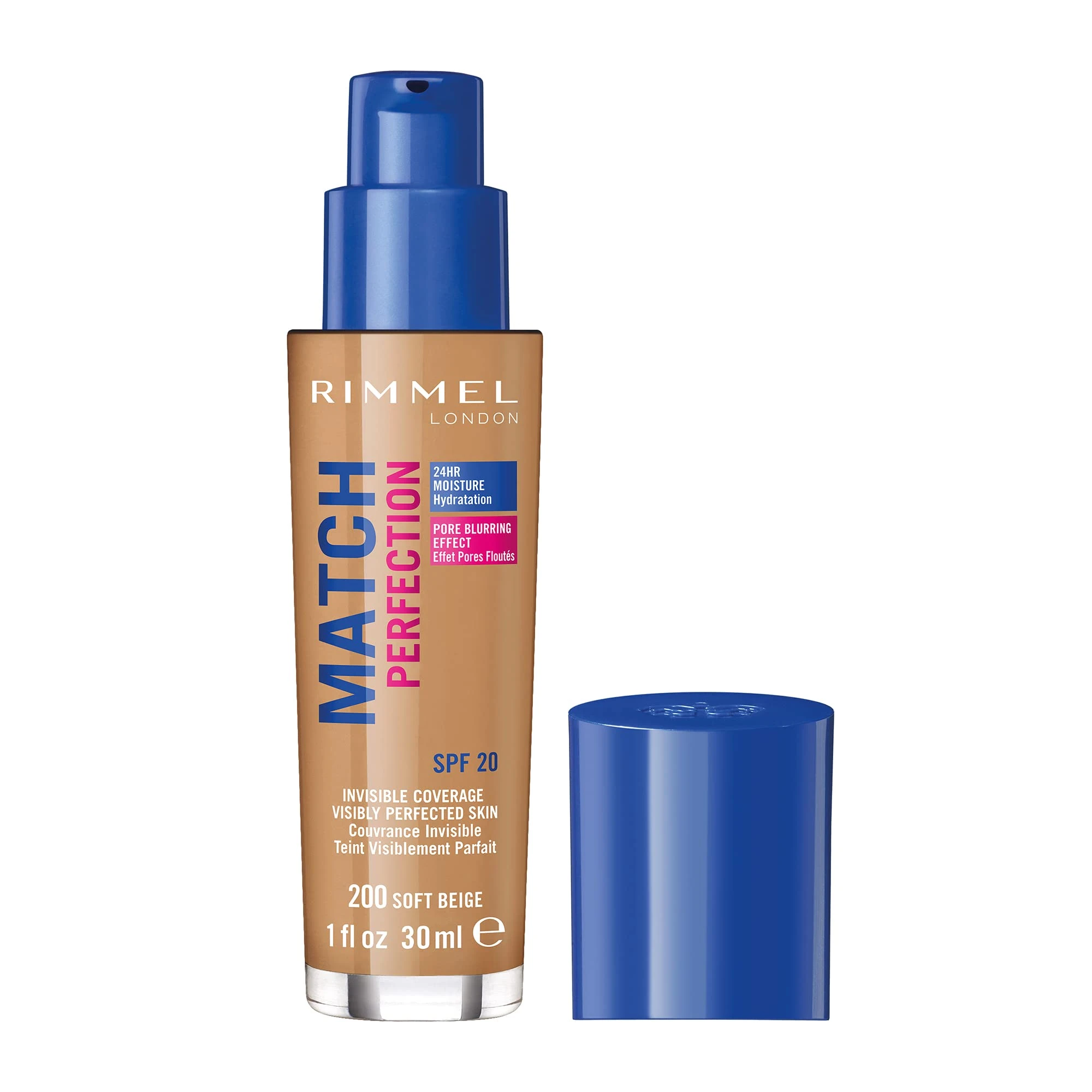 Rimmel Match Perfection Foundation 200 Soft Beige, Medium Coverage, 24hr Hydration, No Caking or Creasing, Lightweight, Reduces Imperfections, Invisible Coverage, SPF20, Cruelty Free