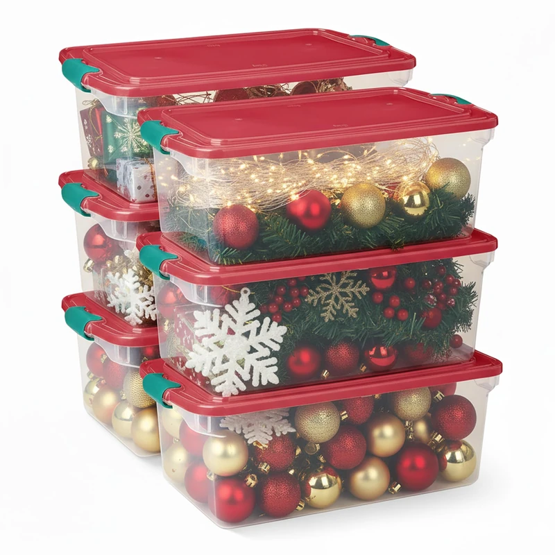 Homz Holiday Ornament Storage Tote Box, Latching Handles, 64 Quart, Clear With Red Lid, Stackable, 6-Pack