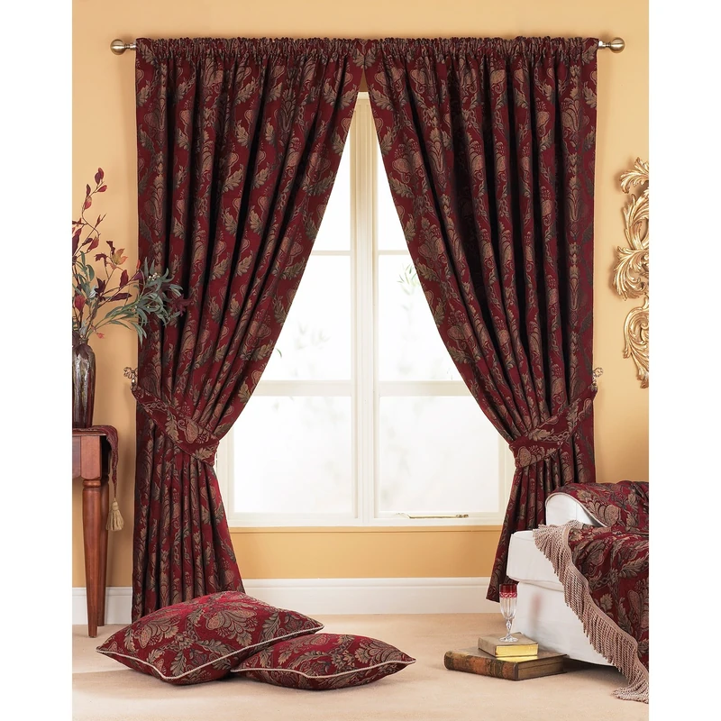 Shiraz Pencil Pleat Curtains (Pair), Burgundy Red and Gold, 100% Polyester, 168 x 229cm