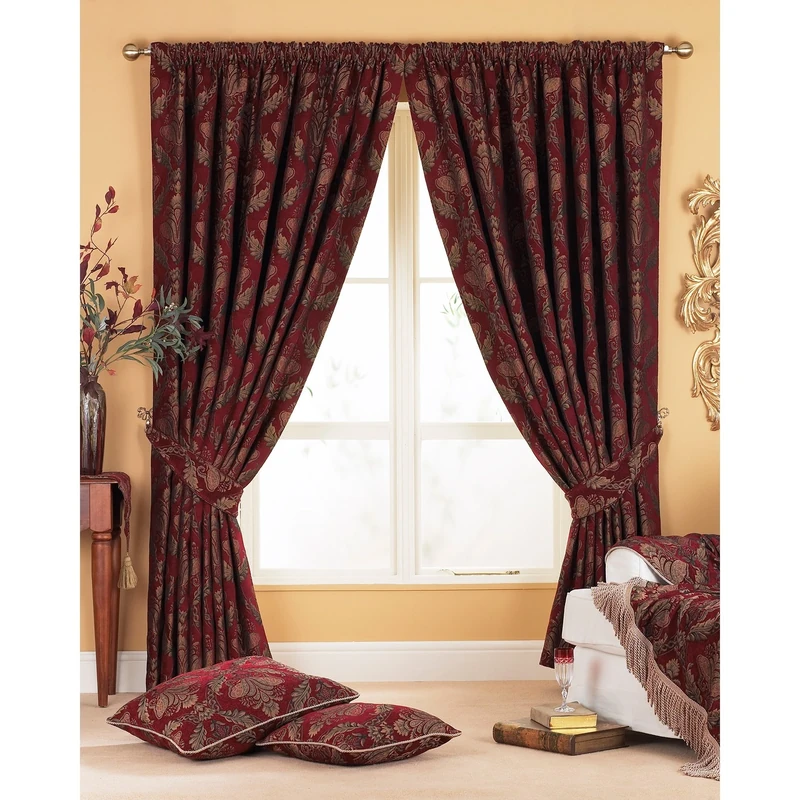 Shiraz Pencil Pleat Curtains (Pair), Burgundy Red and Gold, 168cm x 183cm