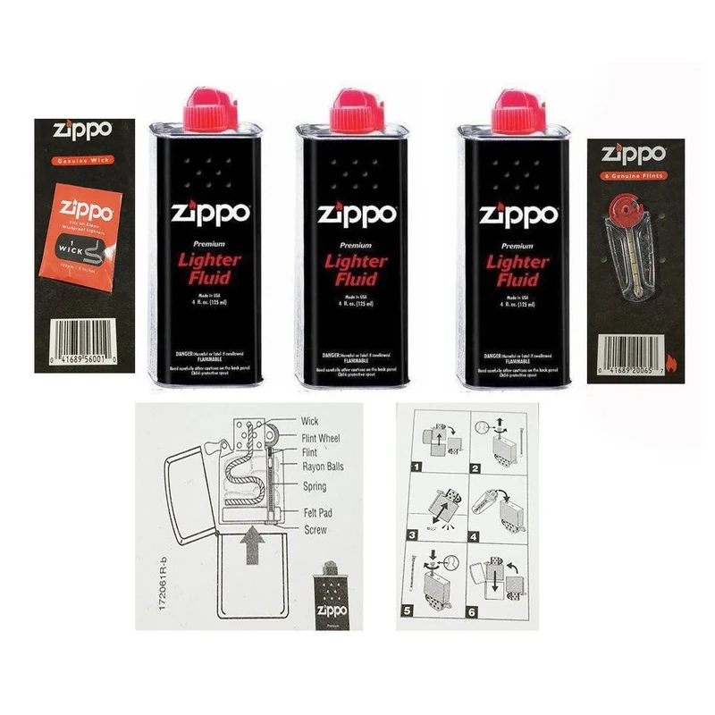 3 X Zippo Lighter Fluid Fuel Petrol 125ml Tin + Wick + 6 Flints