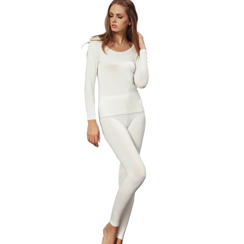 Liang Rou Women's Crew Neck Top & Bottom Ultra Thin Thermal Underwear Set Off-White Large