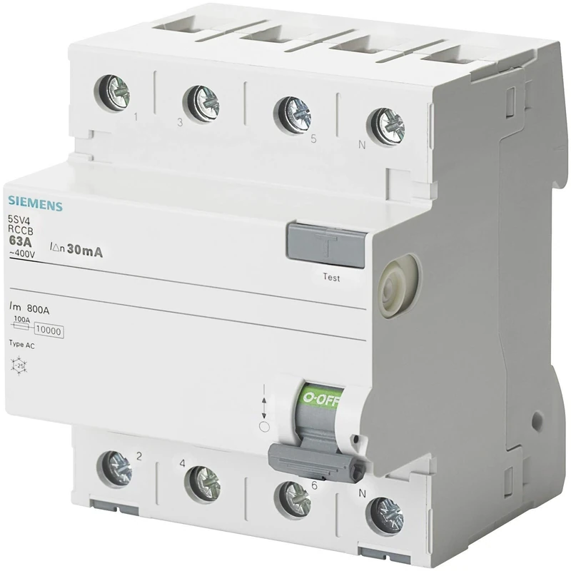 Siemens 5SV4342-0 RCCB Circuit Breaker, 4-Pole, Type AC, in: 25 A, 30 mA, Un AC: 400 V, White