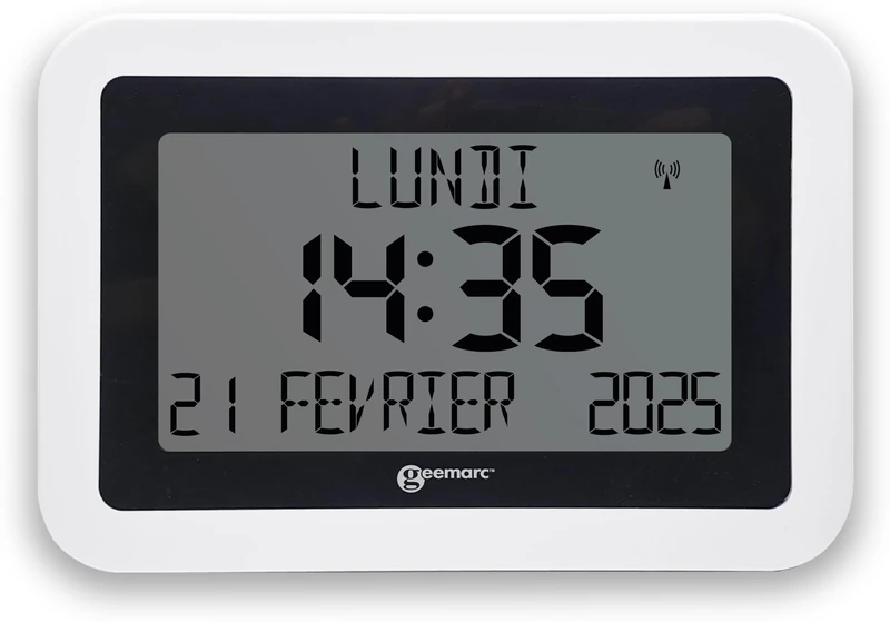 Geemarc Viso10 Calendar Clock with Automatic Time Setting and Large Letters for People Living with Alzheimer's Disease Battery Operated Without Backlight Version DE White