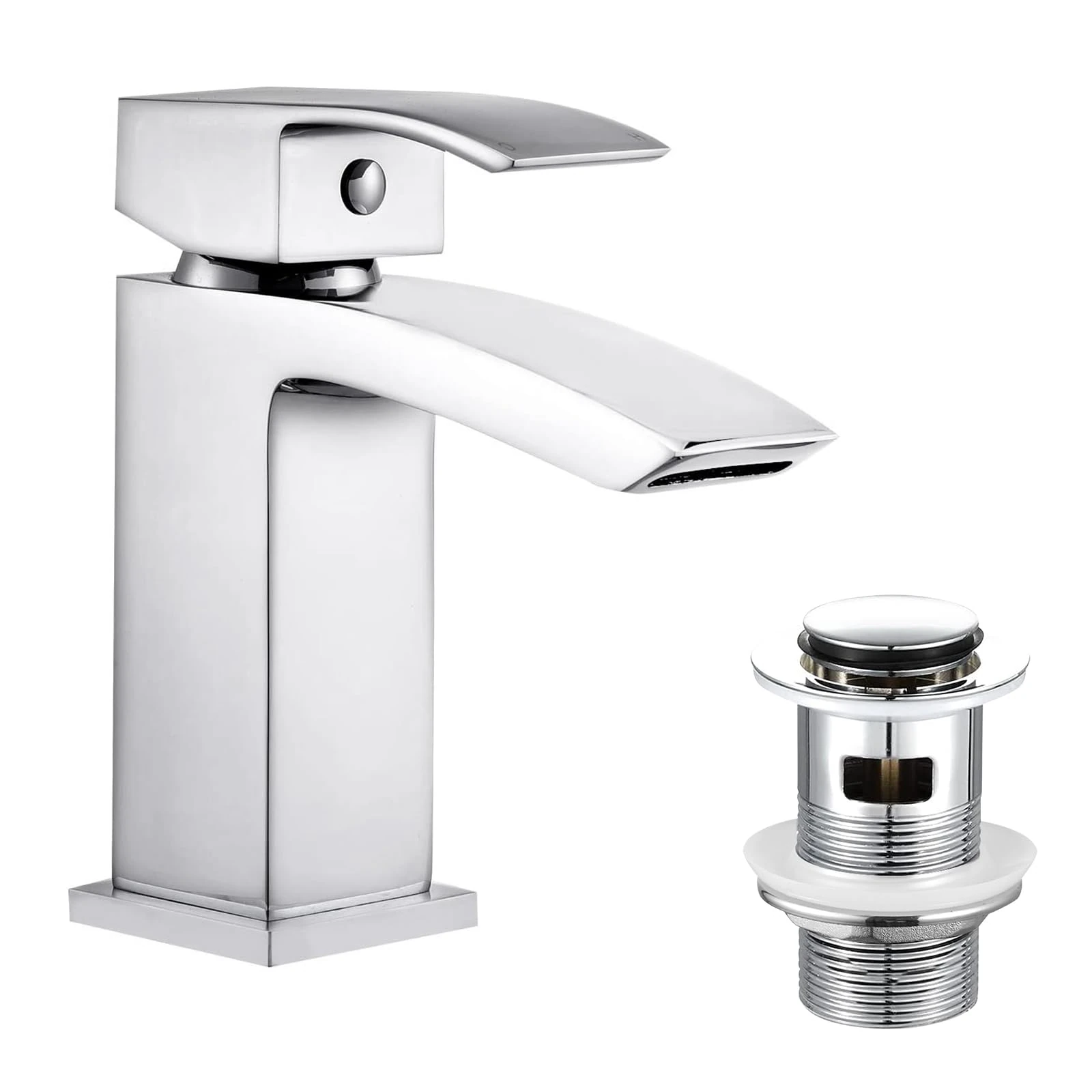 Hapilife Basin Taps Waterfall with Pop up Waste Slotted Square Bathroom Sink Mixer Tap with G1/2 UK Standard Hoses Single Lever Mono Monobloc Modern Cloakroom Faucet 1 Hole