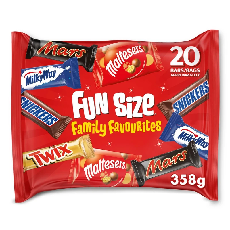 Mixed Bulk Chocolate Multipack 358g, 20 Fun Size Chocolate Bars & Bags, Mars, Twix, Snickers, MilkyWay & Maltesers, Ideal for Gift, Snacks or Party Bags