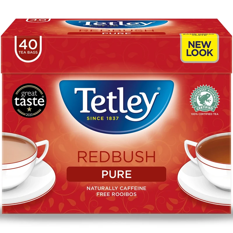 Tetley Redbush Tea Bags - Naturally Caffeine-Free Rooibos - Smooth, Aromatic & Soothing - Rainforest Alliance Certified - Sustainably Sourced for a Relaxing Brew - 40 Teabags (1 Pack)