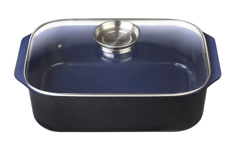 GSW Stahlwaren GmbH Rectangular Roaster with Aroma Knob Glass Lid, 40 x 26 x 11 cm, 8 L, Cast Aluminium, Blue/Black/Clear