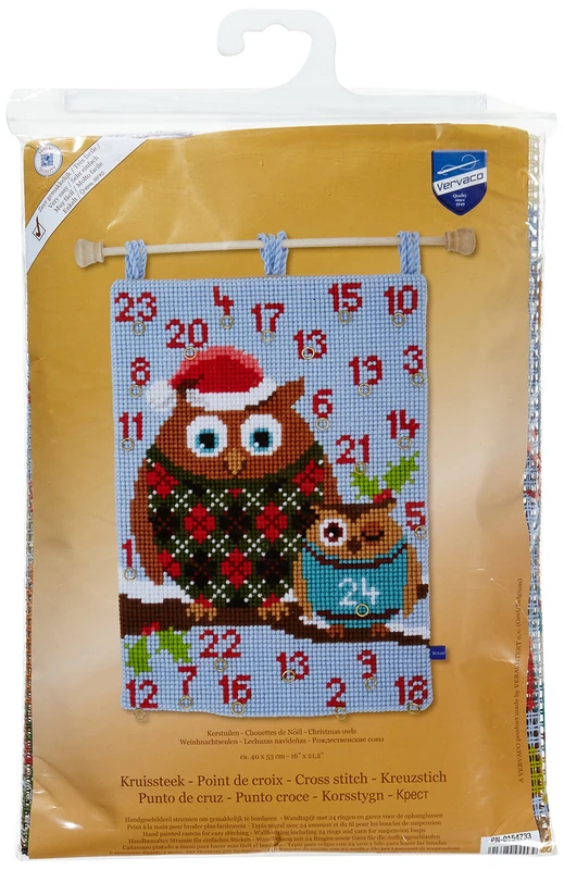 Vervaco Christmas Owls Cross Stitch Kit - 40 x 40cm Wall Hanging