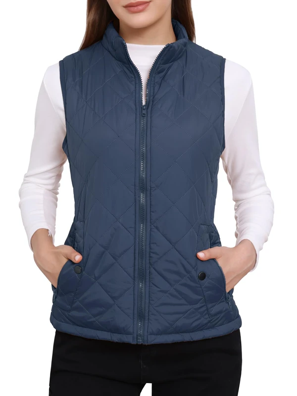Allegra K Women's Body Warmer Stand Collar Lightweight Quilted Zip Jacket Gilet Dark Blue L