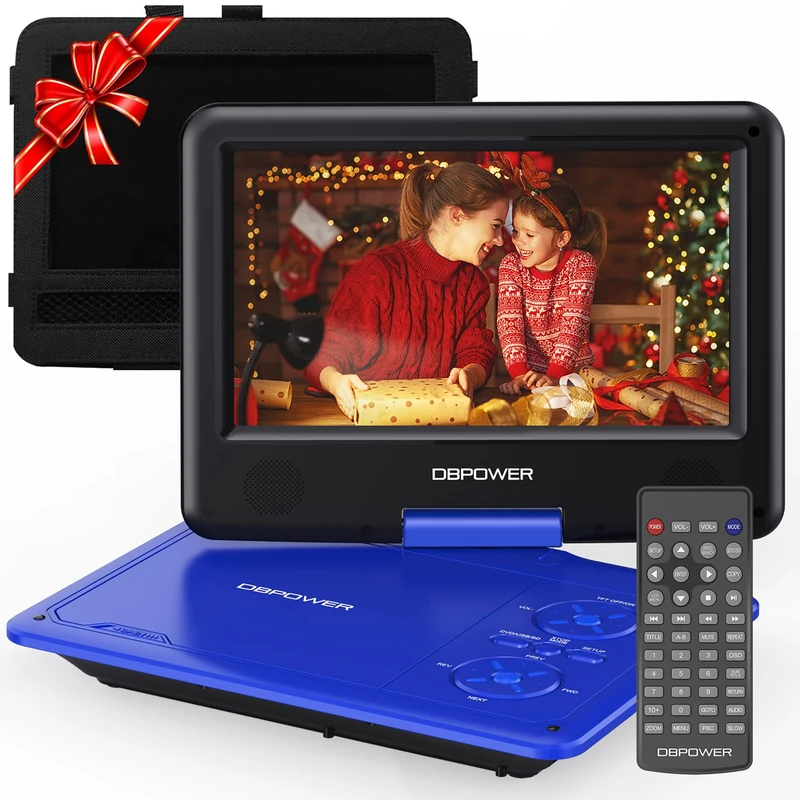 DBPOWER 11.5" Portable DVD Player, 5-Hour Built-in Rechargeable Battery, 9" Swivel Screen, Support CD/DVD/SD Card/USB, with Remote Control, 1.8M Car Charger, Power Adaptor and Car Headrest (Blue)