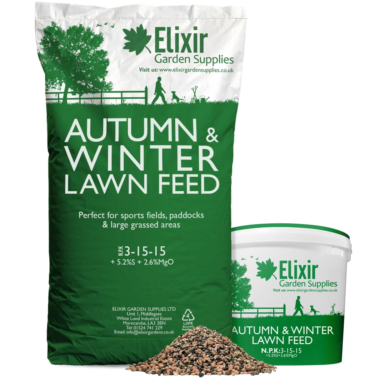 Elixir Gardens Autumn Winter Fertiliser, Sports Field, Paddock and Lawn Feed | Treats 60sqm, Made for British Climate | 1kg-25kg in bag or tub | NPK 3-15-15 + 5.2% S | x 3kg bag
