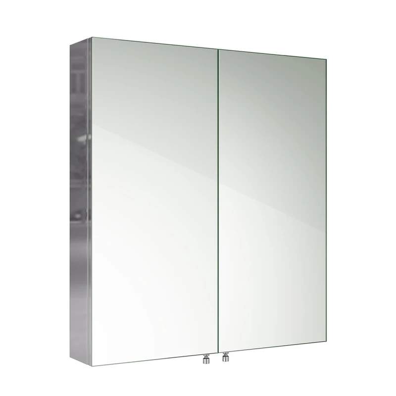 iBathUK Vienna Wall Mounted Double Door Bathroom Mirror Cabinet, Frameless Rectangular Silver Mirror, Magnetic Catch, Modern Bathroom Storage, Polished Stainless Steel, 600x670mm