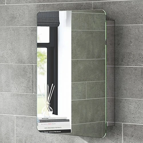 iBathUK Helsinki Wall Mounted Sliding Door Bathroom Mirror Cabinet, Frameless Soft-Rectangular Silver Mirror, Modern Bathroom Storage, Polished Stainless Steel, 460x660mm