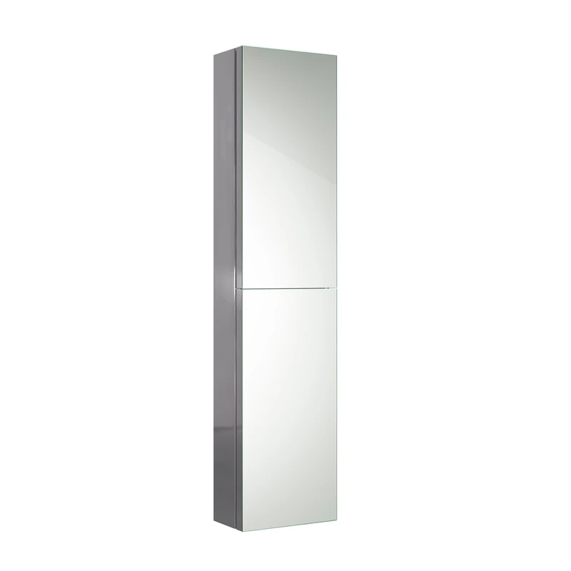iBathUK Bergen Tall Bathroom Mirror Cabinet, Double Door, Frameless Rectangular Silver Mirror, Wall Mounted, Modern Bathroom Storage, Polished Stainless Steel, 300x1300mm