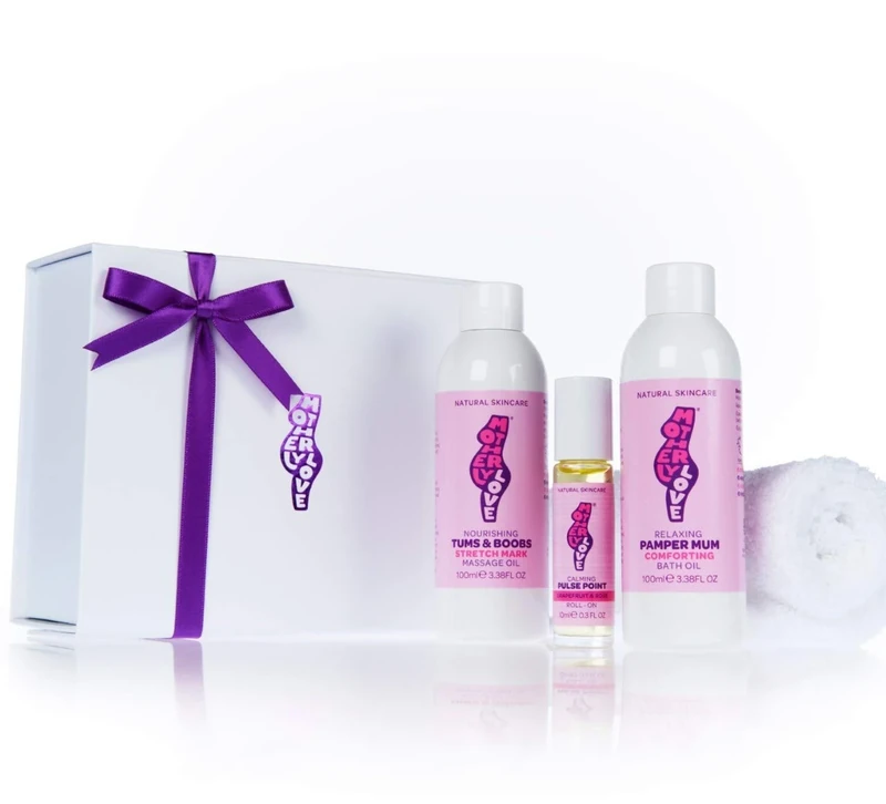 Motherlylove Luxury Pregnancy Pamper Gift Set - For Ultimate Relaxation & Comfort: 1 x Stretchmark Oil, 1 x Bath Oil, 1 x Calming Roll-On Oil - Formulated with Essential Oils - 100% Natural + Vegan - Image 1