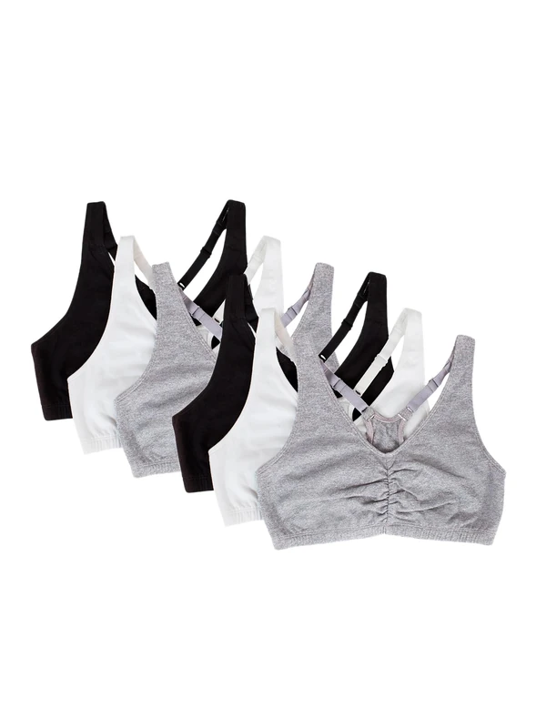 Fruit of the Loom Women's Shirred Front Sports Bra, Adjustable Shirred Front Racerback Bra, Pack of 6, Heather Grey/White/Black, 8