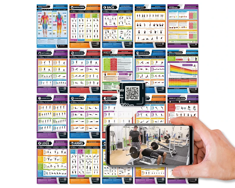 Muscle Building, Conditioning & Exercise, and Fitness Posters - Set of 20 - LARGE - A2 (594mm x 420mm) - Laminated - Gym Workout Charts - Includes video training support by Posterfit.